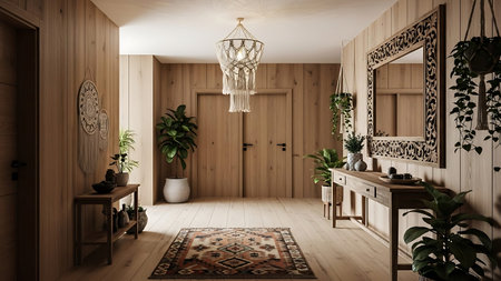 A warm and inviting hallway with natural wood paneling on the walls. Macrame wall hangings and a decorative mirror are featured. An oriental rug with a geometric pattern lies on the wooden floor. Potted plants are strategically placed, adding a touch of greenery. The hallway has two wooden doors and is illuminated by natural light.の素材
