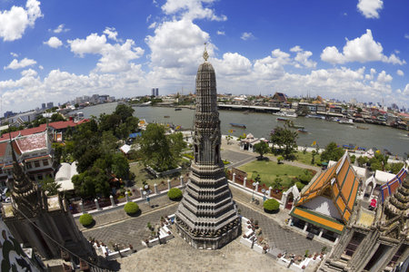 Wat Arun (Temple of Dawn) with Chao Phraya River and Blue Sky, Fish Eye Effect