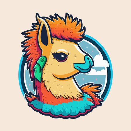 Vector illustration of a cute cartoon alpaca in the circle.のイラスト素材