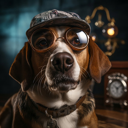 Portrait of a dog in a cap and glasses on a dark background.の素材