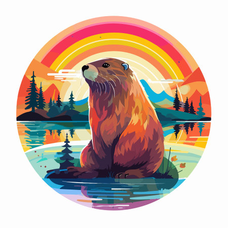 Beaver on the background of the river and mountains. Vector illustration.のイラスト素材