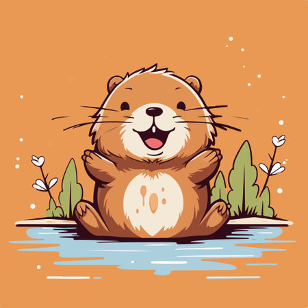 Cute hamster sitting on the bank of the river. Vector illustration.のイラスト素材