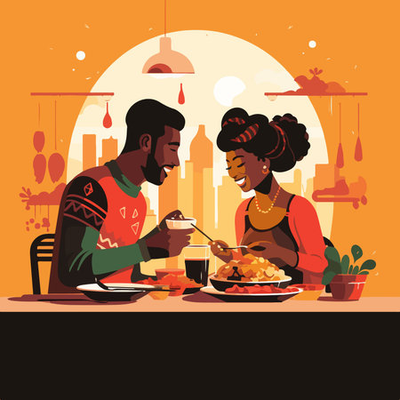 African American man and woman in traditional clothes sitting at the table in a restaurant. Vector illustrationのイラスト素材