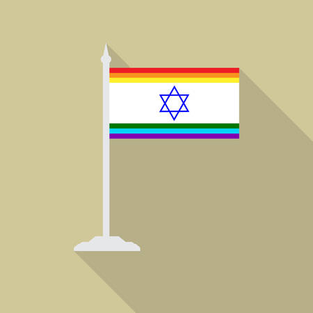 Israeli gay pride flag blue star of David with flagpole flat icon with long shadowt. LGBT community flag.のイラスト素材
