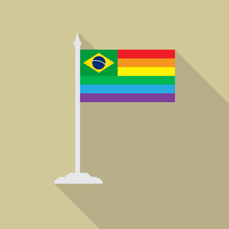 Brazil gay pride flag with flagpole flat icon with long shadowt. LGBT community flag.のイラスト素材