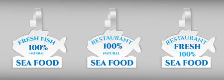 Set vector blank shape white fish paper plastic advertising price wobbler front view. Isolated on background. Advertising price stickers for restaurant, cafe, bar, shops, street food.のイラスト素材