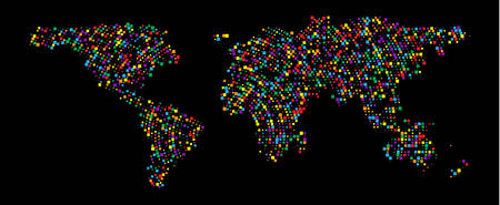 Multicolored dots world map. Abstract pixel World Map with square shapes for infographic.Travel Vector Illustration.のイラスト素材