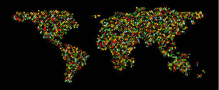 Multicolored dots world map. Abstract pixel World Map with square shapes for infographic.Travel Vector Illustration.のイラスト素材