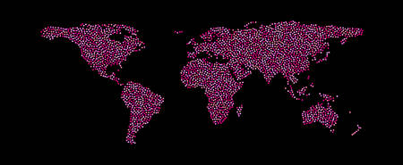 Pink dots world map. Abstract pixel World Map with square shapes for infographic.Travel Vector Illustration.のイラスト素材