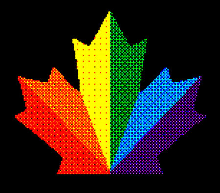 Pixel Abstract canada maple leaf colorful shades. Mosaic print. For advertising booklets, covers, posters, invitation cards, textile, leaflets design. Summer and autumn theme sale. Symbol LGBT prideのイラスト素材