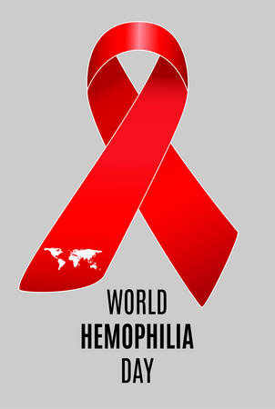 Realistic red ribbon with world map, world hemophilia day symbol. Vector illustration EPS10のイラスト素材