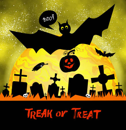 Happy halloween card with graveyard, moon and bats. Dark banner concept with old gothic ghost cemetery. Cartoon spooky party invitations, cards and flyers, decoration element. Poster, placard designs.のイラスト素材