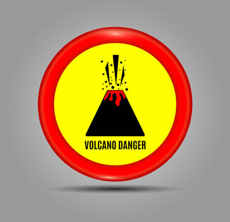 Graphic banner of with text danger volcano. Round red icon, sign, symbol, indication of the volcanic eruption.のイラスト素材