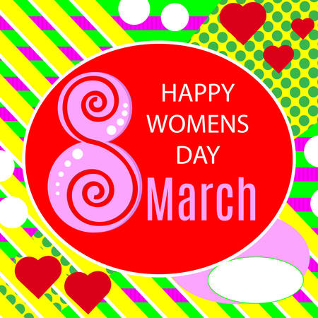 Vector illustration of stylish 8 march happy women's day greeting card with lettering typography text sign, hearts,  big rough stripes in Memphis style.のイラスト素材