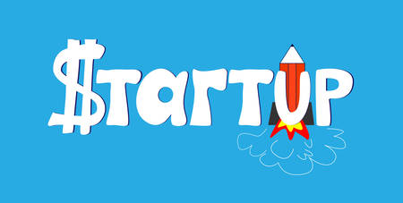 Startup technology concept. Thin line art style design for startup banner. Hand drawn cartoon vector illustration. Cartoon of business startup word lettering typography. Design for businessのイラスト素材