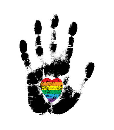 Rainbow Print of hand human, cute skin texture pattern,vector grunge illustration. Scanning the fingers, palm on white background. Fingerprint Rainbow heart gay and lesbian equality symbol LGBTのイラスト素材
