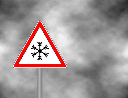 Winter warning sign shows danger of ice and snow at street, highway or road. Snow warning sign (Risk of Ice warning sign) isolated on a grey sky. Vector illustration. Reflective metallic 'Risk of Ice' warning.のイラスト素材
