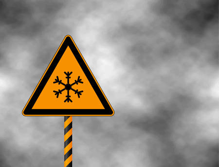 Winter warning sign shows danger of ice and snow at street, highway or road. Snow warning sign (Risk of Ice warning sign) isolated on a grey sky. Vector illustration.のイラスト素材