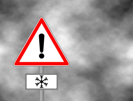 Winter warning sign shows danger of ice and snow at street, highway or road. Snow warning sign (Risk of Ice warning sign) isolated on a grey sky. Vector illustration. Reflective metallic 'Risk of Ice' warning.のイラスト素材