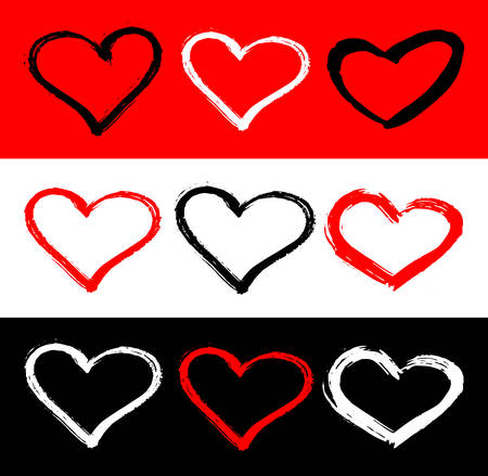 A Vector set of red, black and white hearts shape. Hand drawn heart frames and stamps. Grunge brush painting Valentine's Day symbol.のイラスト素材