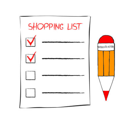 Shopping list icon in doodle sketch lines. Template for product purchase. Blank with mark. Vector illustration. Isolated on background. Inventory check and pencil tickのイラスト素材