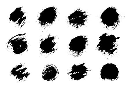 Set black paint, ink splash, brushes ink droplets, blots. Black ink splatter grunge background, isolated on whiteのイラスト素材