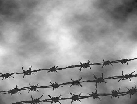 International Day of Fascist Concentration Camps and Ghetto Prisoners Liberation. Black and white vector illustration. Fence made of wire with spikes isolated on grey sky backgroundのイラスト素材