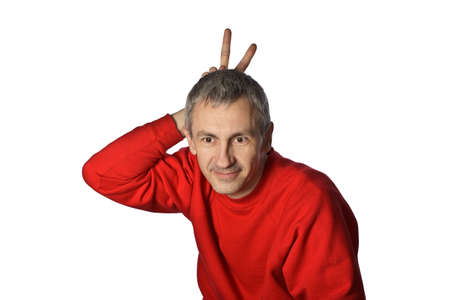 man in red sweater, white background, isolatedの写真素材