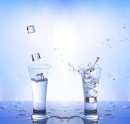 water splash in glasse, white-blue backgroundの写真素材