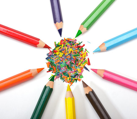 set of colored pencils on white backgroundの写真素材