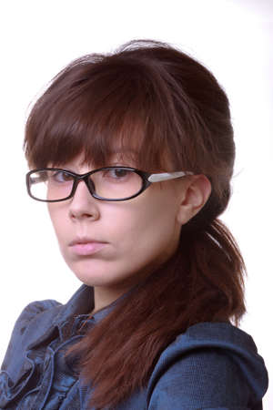 Portrait of young alluring brunette woman on white backgroundの写真素材
