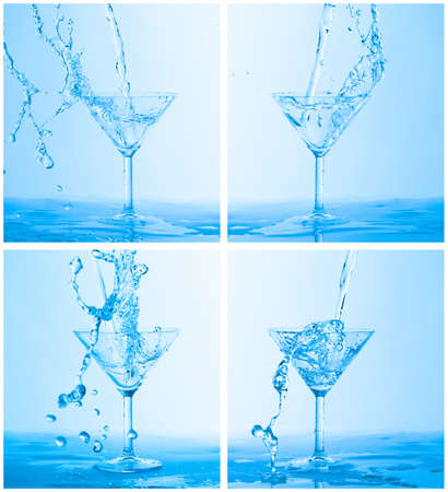 Collage of Water Splashing in a Wineglass, on blue backgroundの写真素材