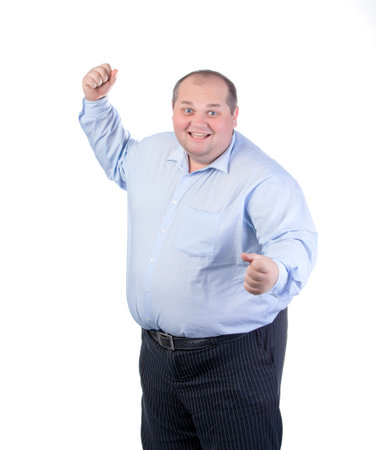 Happy Fat Man in a Blue Shirt, isolatedの写真素材