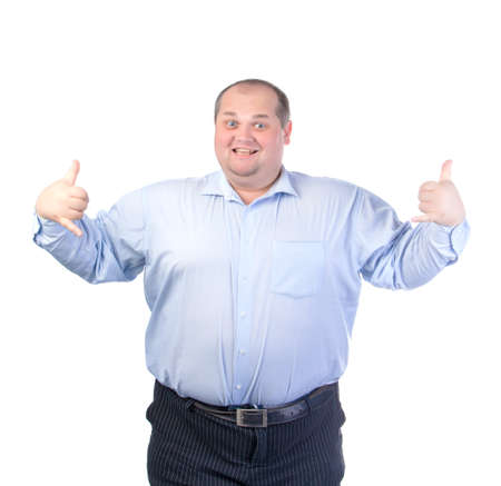 Happy Fat Man in a Blue Shirt, isolatedの写真素材