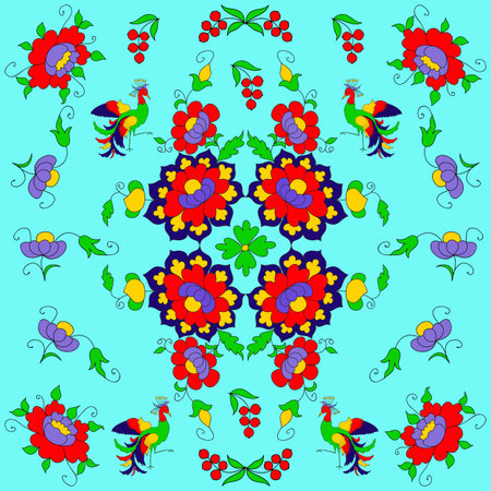 pattern with colorful flowers and Fire-bird, on blue background