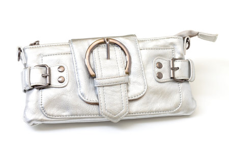 Modern luxury antique look matt silver clutch purse with large ornate buckles and a zipper isolated on whiteの写真素材
