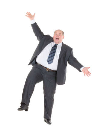 Very overweight cheerful businessman, on white backgroundの写真素材