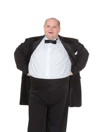 Very overweight cheerful businessman, on white backgroundの写真素材