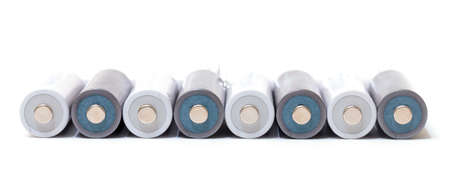 Alkaline Batteries closeup on white backgroundの写真素材