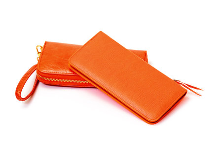 New Orange Leather Wallets on white background