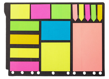 Set of multicolored paper sticky stickers, on black paper