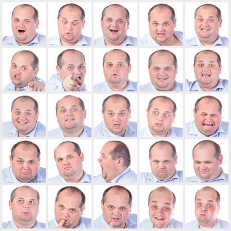 Collage portrait fat man with difference emotions, on white backgroundの写真素材