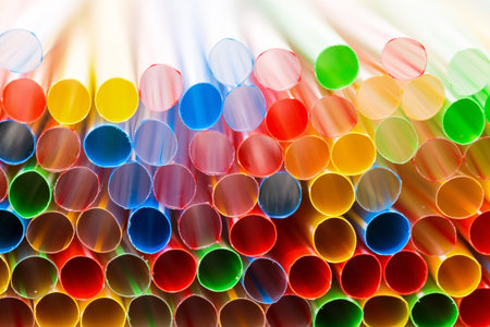 Colored Plastic Drinking Straws closeup, macroの写真素材