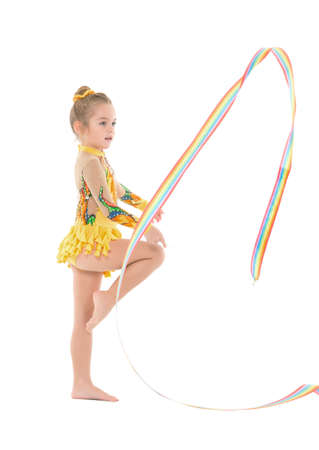 Little Gymnast Practicing with a Ribbon, on white backgroundの写真素材