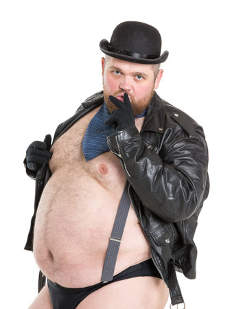 Funny Crazy Naked Fat Man in Panties with Suspenders Posing, on white background