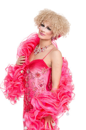 Drag Queen in Pink Evening Dress Performing, on white backgroundの写真素材