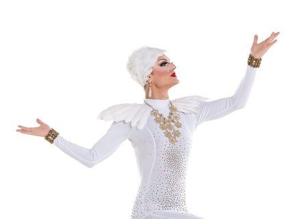 Drag Queen in White Dress Performing, on white backgroundの写真素材