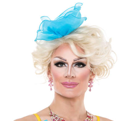 Drag Queen in Yellow-Blue Dress Performing, on white backgroundの写真素材