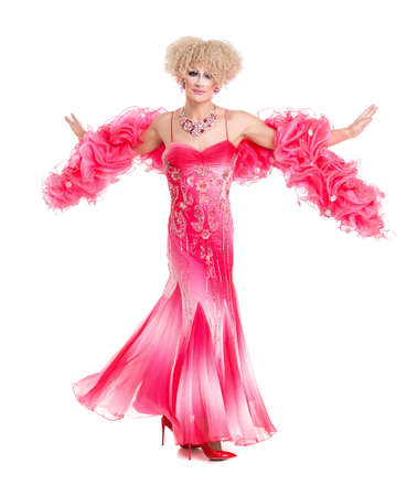 Drag Queen in Pink Evening Dress Performing, on white backgroundの写真素材