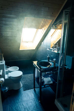 Modern Bathroom Interior with Ceramic Fixtures, sunlightの写真素材